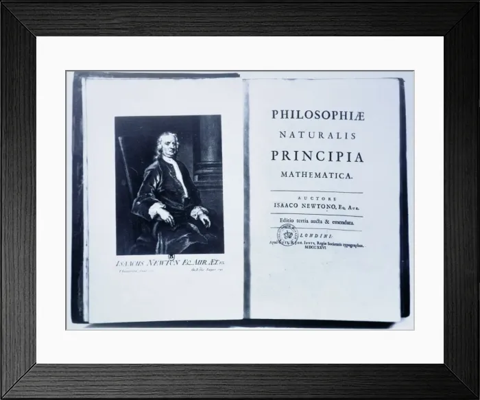 Framed Print : Portrait of Isaac Newton in an edition of his book Mathematical Principles of Natural