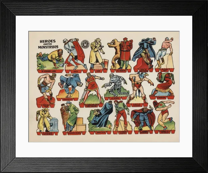 Framed Print : Children cut-out from the series Heroes vs. Monsters by Bruguera publishers, Barcelona, ??1945 Framed Print : Children cut-out from the series Heroes vs. Monsters by Bruguera publishers, Barcelona, ??1945