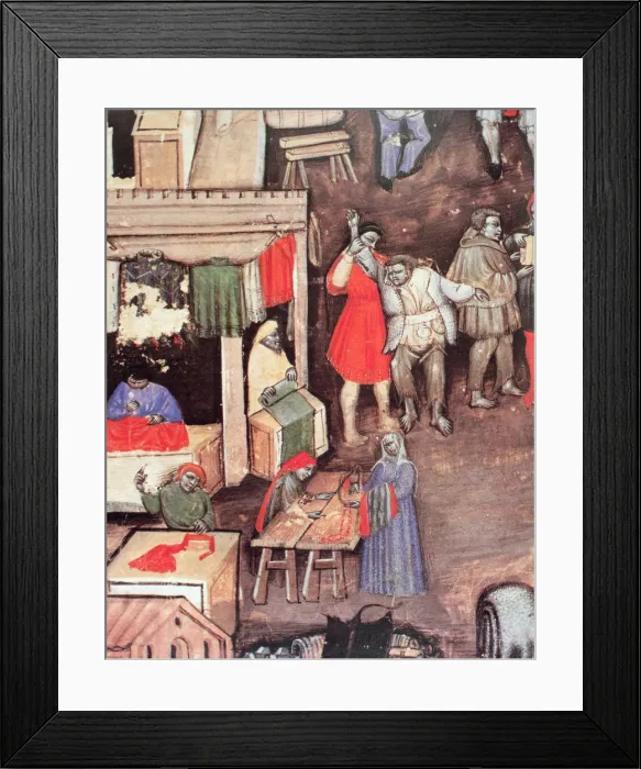 Framed Print : Merchants of fabrics and textiles in a market, Miniature in the Statuto delle Corporazione Framed Print : Merchants of fabrics and textiles in a market, Miniature in the Statuto delle Corporazione