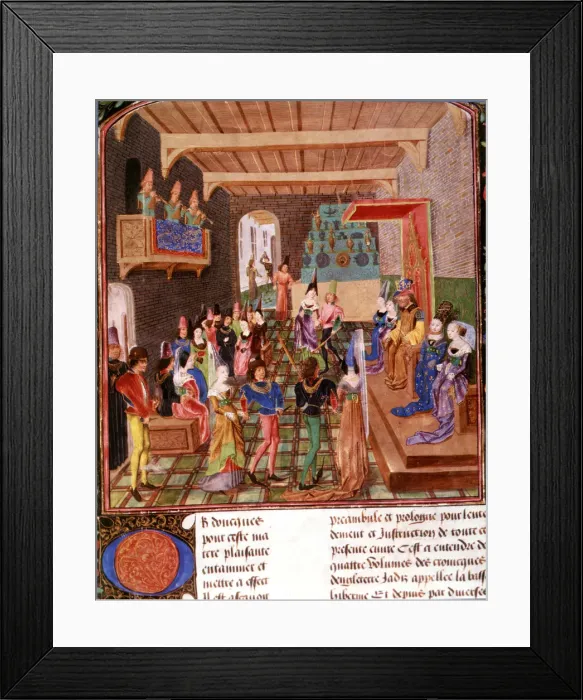 Framed Print : Dance party in the Royal Castle, 14th century miniature Framed Print : Dance party in the Royal Castle, 14th century miniature