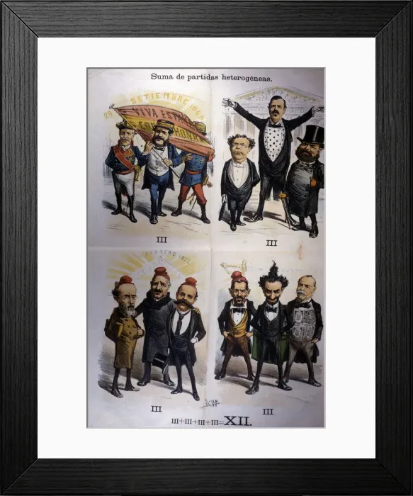 Framed Print : Caricatures of the Government Ministers, published in La Madeja, No. 4, Barcelona 30 January 1875 Framed Print : Caricatures of the Government Ministers, published in La Madeja, No. 4, Barcelona 30 January 1875