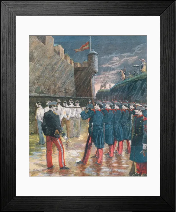 Framed Print : Execution by firing squad in the moats of the Castle of Montjuic, six anarchists Framed Print : Execution by firing squad in the moats of the Castle of Montjuic, six anarchists