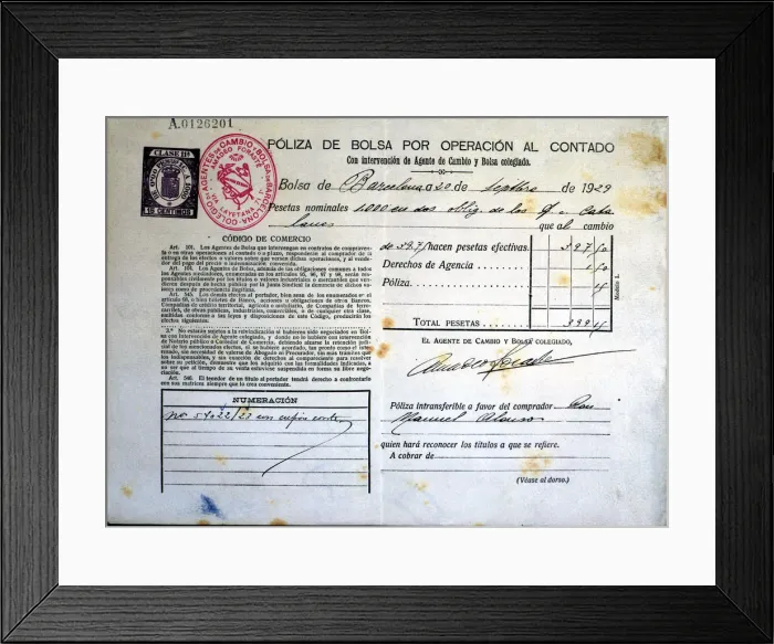 Framed Print : Stock policy by cash transaction issued in Barcelona in 1929, the document proves Framed Print : Stock policy by cash transaction issued in Barcelona in 1929, the document proves