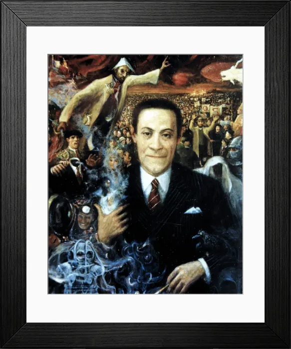 Framed Print : Jardiel Poncela in his universe, oil from 1992, Enrique Jardiel Poncela (1901-1952) Framed Print : Jardiel Poncela in his universe, oil from 1992, Enrique Jardiel Poncela (1901-1952)