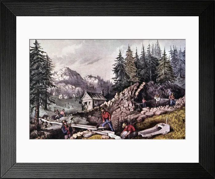 Framed Print : The Gold Rush (1848), gold mine in California, near Sutters Mill, engraving, 1870 Framed Print : The Gold Rush (1848), gold mine in California, near Sutters Mill, engraving, 1870
