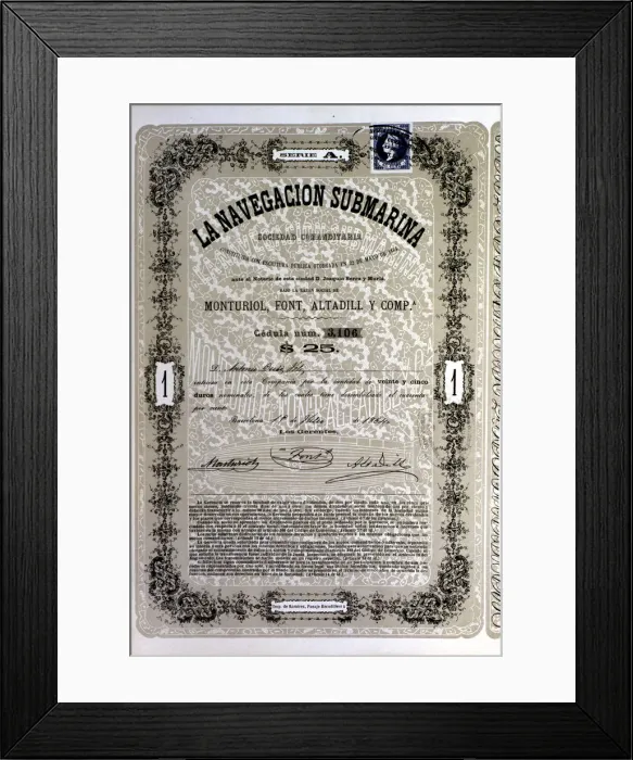 Framed Print : Document of 25 duros (Spanish coin) of the A Series of society La Navegacion Submarina Framed Print : Document of 25 duros (Spanish coin) of the A Series of society La Navegacion Submarina