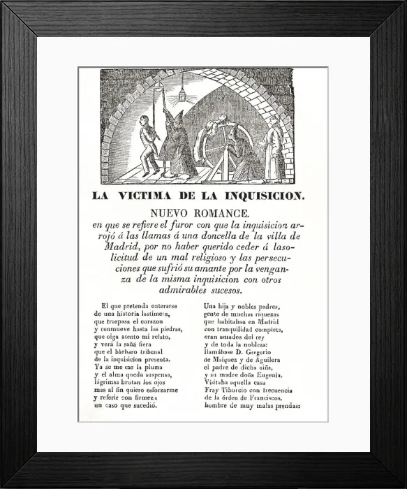 Framed Print : Popular romance on the Inquisition, boxwood engraving made in 1860 in Barcelona Framed Print : Popular romance on the Inquisition, boxwood engraving made in 1860 in Barcelona