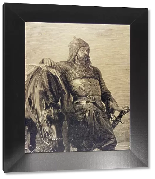 Russian warrior with his horse (Wereschtschagine painting), engraving, 1885