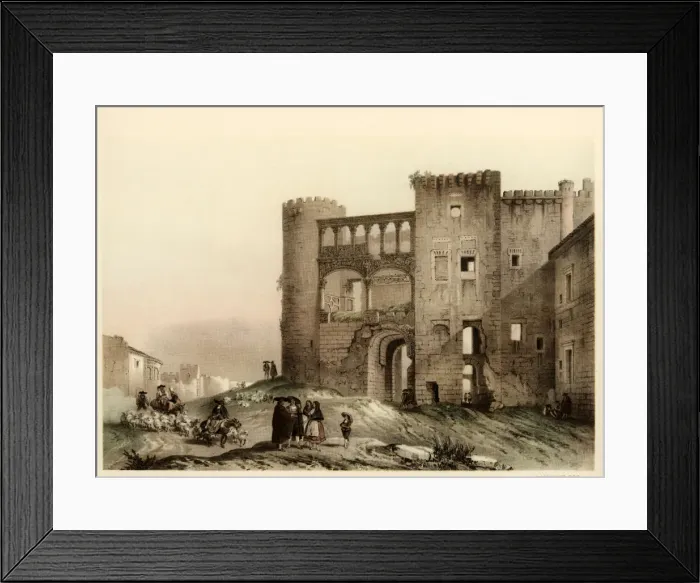 Framed Print : Castle of Alba de Tormes (Salamanca) with scenes of life and traditional costumes of the time Framed Print : Castle of Alba de Tormes (Salamanca) with scenes of life and traditional costumes of the time
