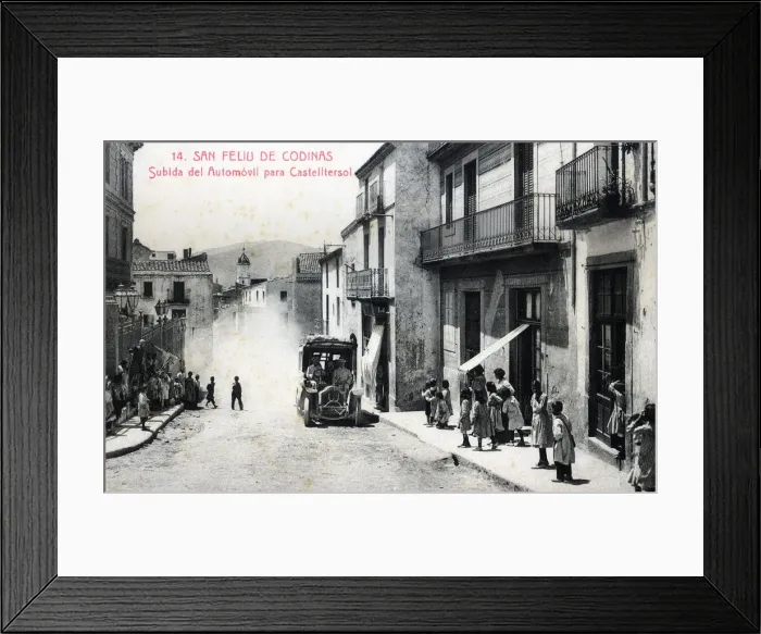 Framed Print : Arrival of a car on the streets of Sant Feliu de Codines, postcard from 1912