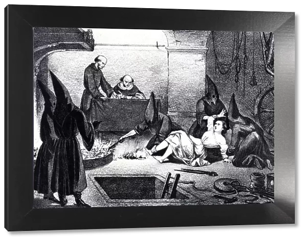 Scene of a torment of a woman with various torture devices, etching, 1880