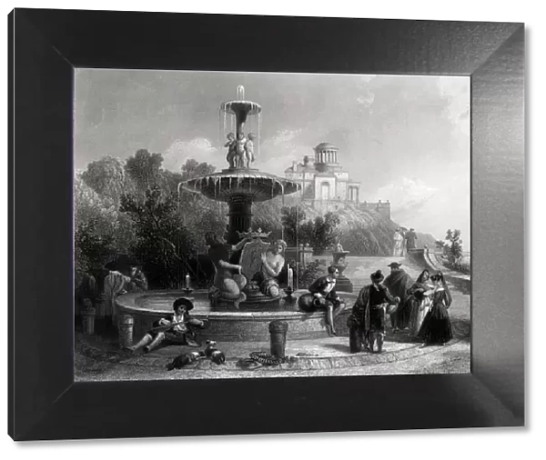 Madrid, scene and fountain with people walking, English engraving from 1880