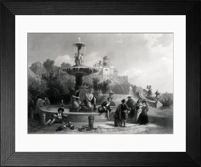 Framed Print : Madrid, scene and fountain with people walking, English engraving from 1880 Framed Print : Madrid, scene and fountain with people walking, English engraving from 1880