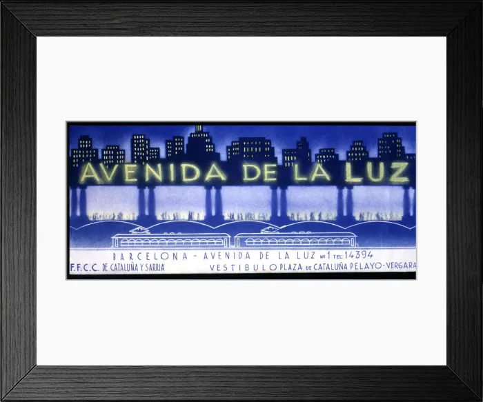 Framed Print : Advertisement of the Avenida de la Luz in Barcelona, popular underground galleries of the 1950s Framed Print : Advertisement of the Avenida de la Luz in Barcelona, popular underground galleries of the 1950s