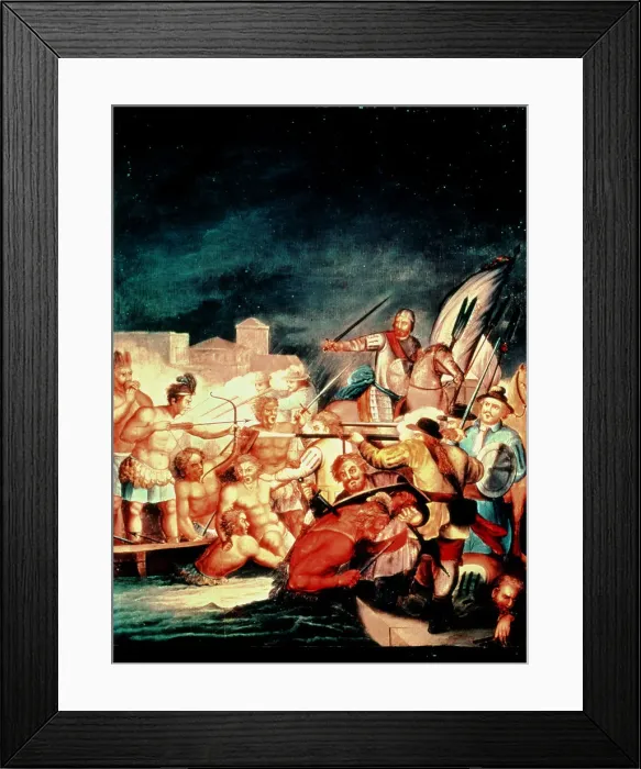 Framed Print : Conquest of Mexico, fighting between Indian and Spanish Framed Print : Conquest of Mexico, fighting between Indian and Spanish