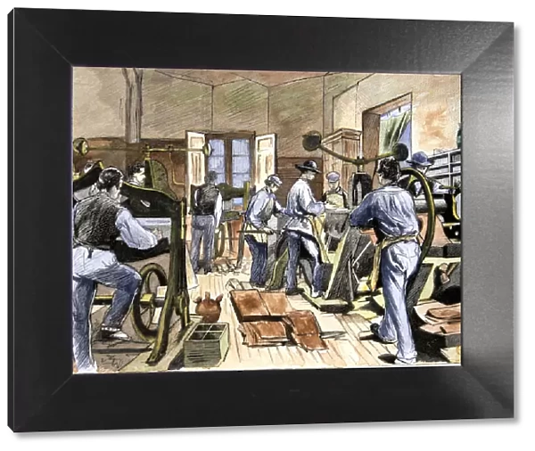 Inside the shoe factory of Mr. Soldevila, soles cutting department, in 1874, colored