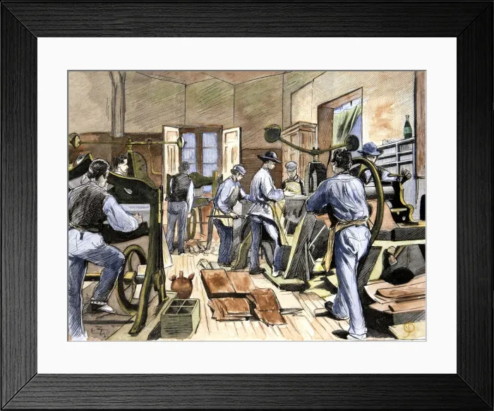 Framed Print : Inside the shoe factory of Mr. Soldevila, soles cutting department, in 1874, colored Framed Print : Inside the shoe factory of Mr. Soldevila, soles cutting department, in 1874, colored