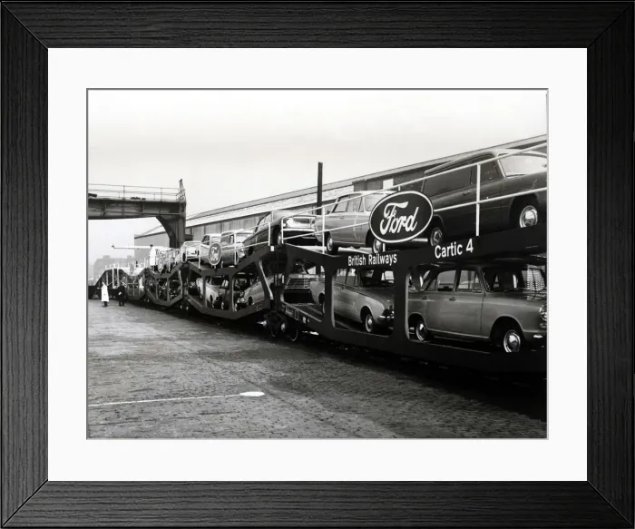 Framed Print : Train carrying cars of the Ford trademark, 1950 Framed Print : Train carrying cars of the Ford trademark, 1950