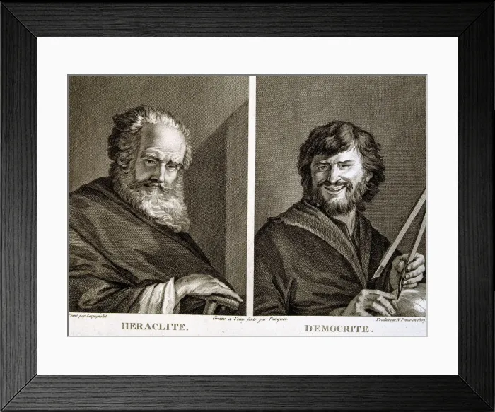 Framed Print : Engraving with Heraclitus 535-484 BC. and Democritus 460-370 BC. Greek philosophers Framed Print : Engraving with Heraclitus 535-484 BC. and Democritus 460-370 BC. Greek philosophers