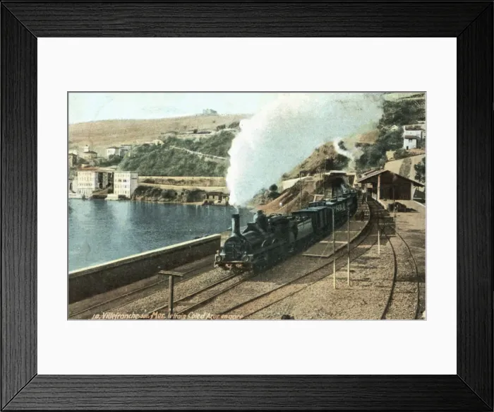 Framed Print : Steam Train in the Villefranche sur Mer station on the French Riviera, 1910 Framed Print : Steam Train in the Villefranche sur Mer station on the French Riviera, 1910