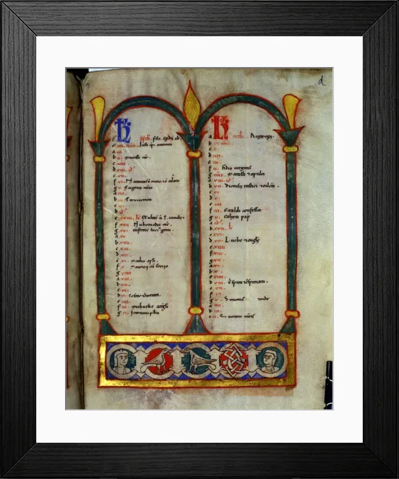 Framed Print : Calendar decorated with motifs of birds and humans heads in different colors, miniature Framed Print : Calendar decorated with motifs of birds and humans heads in different colors, miniature