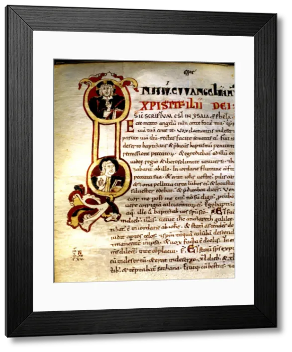 Framed Print : Letter I illuminated with figurations of the bust of Jesus Christ and an evangelist Framed Print : Letter I illuminated with figurations of the bust of Jesus Christ and an evangelist