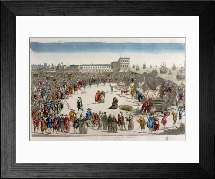 Framed Print : Square with the audience watching an execution The quemadero, colored engraving Framed Print : Square with the audience watching an execution The quemadero, colored engraving