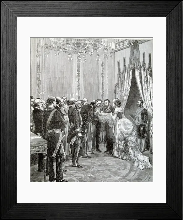 Framed Print : Reign of Alphonse XII, birth of the Infanta Maria de las Mercedes, presentation at the palace Framed Print : Reign of Alphonse XII, birth of the Infanta Maria de las Mercedes, presentation at the palace