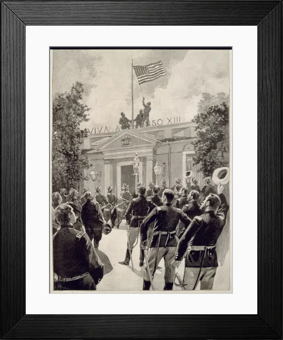 Framed Print : Surrender of Santiago de Chile, the American flag is raised on the governors palace Framed Print : Surrender of Santiago de Chile, the American flag is raised on the governors palace