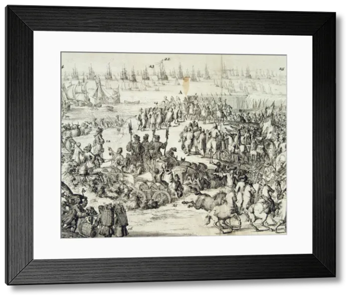 Framed Print : Landing of William III in England, engraving Framed Print : Landing of William III in England, engraving