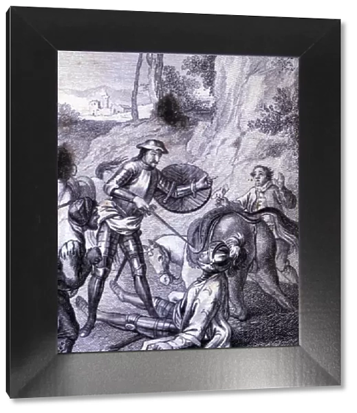 Engraving in an episode of Don Quixote, in El Ingenioso Hidalgo Don Quijote de la Mancha