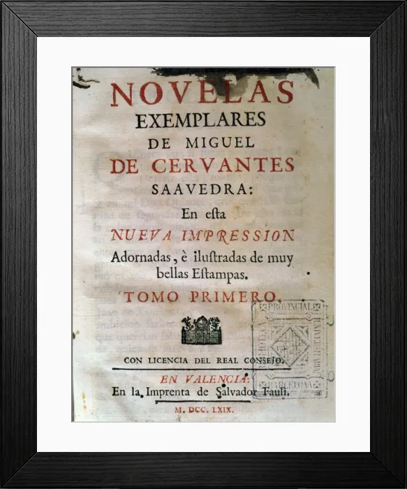 Framed Print : Novelas Ejemplares (Exemplary Novels) by Miguel de Cervantes, Volume I, cover, Printing Framed Print : Novelas Ejemplares (Exemplary Novels) by Miguel de Cervantes, Volume I, cover, Printing