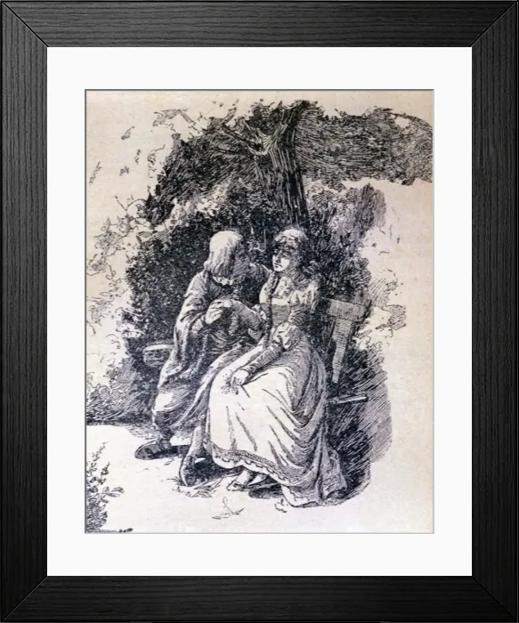 Framed Print : La Celestina, 1883, engraving with Calixto and Melibea under the tree Framed Print : La Celestina, 1883, engraving with Calixto and Melibea under the tree
