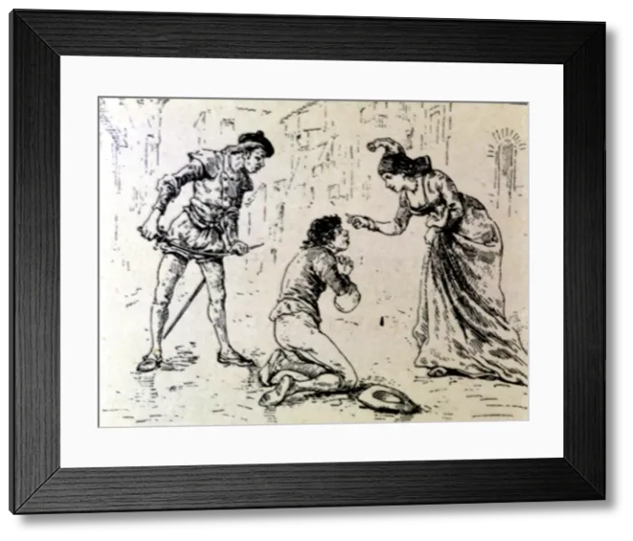 Framed Print : Engraving, a poor before a lady in an edition of La Comedie Espagnole by Lope de Rueda, 1883 Framed Print : Engraving, a poor before a lady in an edition of La Comedie Espagnole by Lope de Rueda, 1883