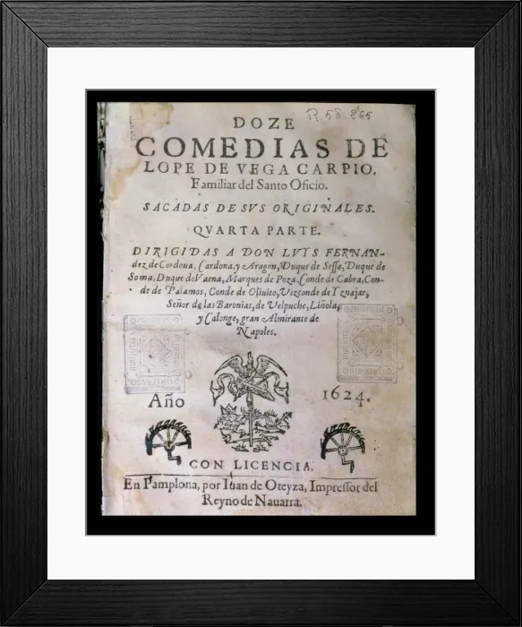 Framed Print : Cover Doce comedias (Twelve comedies) by Lope de Vega, published in 1624 in Pamplona Framed Print : Cover Doce comedias (Twelve comedies) by Lope de Vega, published in 1624 in Pamplona