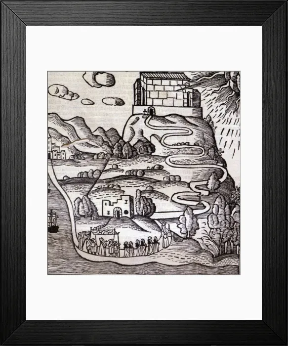 Framed Print : Engraving of the ascension of a procession to Mount Randa in Majorca, in the work Framed Print : Engraving of the ascension of a procession to Mount Randa in Majorca, in the work
