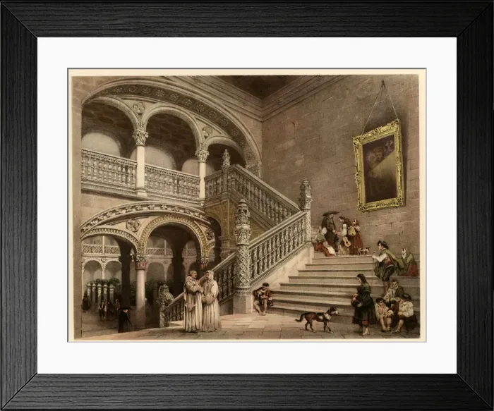Framed Print : Main Staircase of Santa Cruz Hospital in Toledo, with scenes of life and traditional Framed Print : Main Staircase of Santa Cruz Hospital in Toledo, with scenes of life and traditional