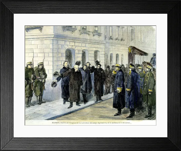 Framed Print : Coup d etat 1874, exit of diplomatic corps from Congress, engraving from Ilustracion Framed Print : Coup d etat 1874, exit of diplomatic corps from Congress, engraving from Ilustracion