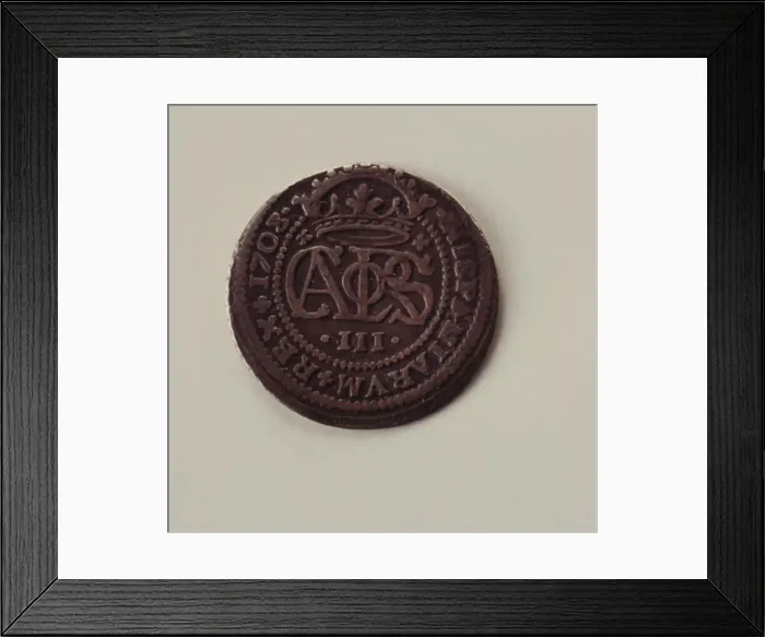 Framed Print : Head of two-reales in silver, reign of Archduke Charles III. Mint: Barcelona Framed Print : Head of two-reales in silver, reign of Archduke Charles III. Mint: Barcelona