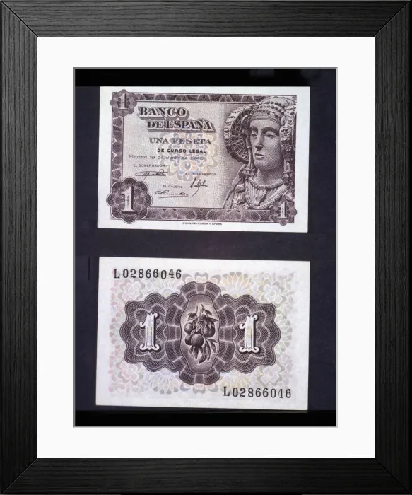 Framed Print : A one-peseta note, 1948, with the effigy of the Lady of Elche Framed Print : A one-peseta note, 1948, with the effigy of the Lady of Elche
