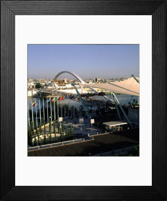 Framed Print : View of the entrance by the Barqueta bridge in the Universal Exhibition of Seville in 1992 Framed Print : View of the entrance by the Barqueta bridge in the Universal Exhibition of Seville in 1992