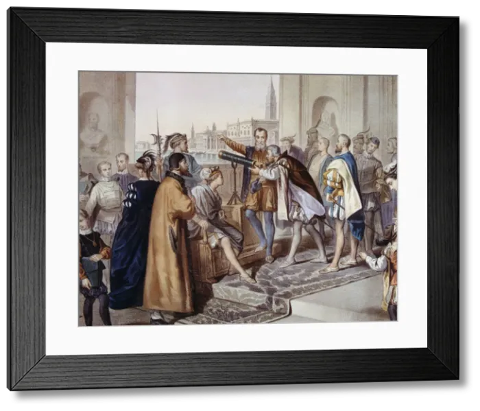 Framed Print : Galileo Galilei (1564 - 1642), Italian astronomer and physicist showing his invention Framed Print : Galileo Galilei (1564 - 1642), Italian astronomer and physicist showing his invention