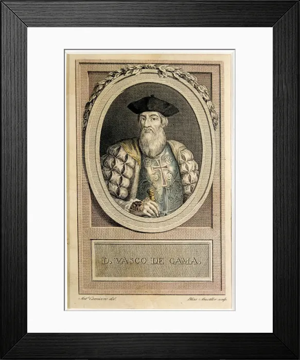 Framed Print : Vasco de Gama (1469-1624), Portugese navigator, engraving after a drawing by Antonio Carnicero Framed Print : Vasco de Gama (1469-1624), Portugese navigator, engraving after a drawing by Antonio Carnicero