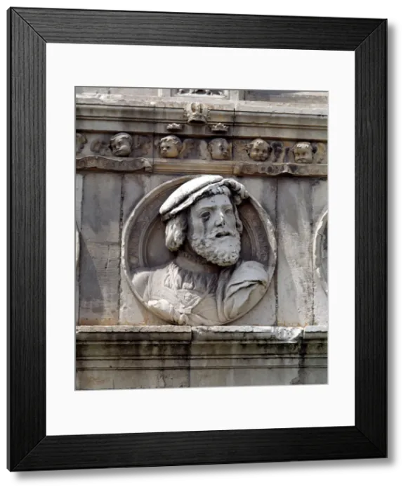 Framed Print : Medallion in stone on the facade of the old Hospital of San Marcos representing King Framed Print : Medallion in stone on the facade of the old Hospital of San Marcos representing King