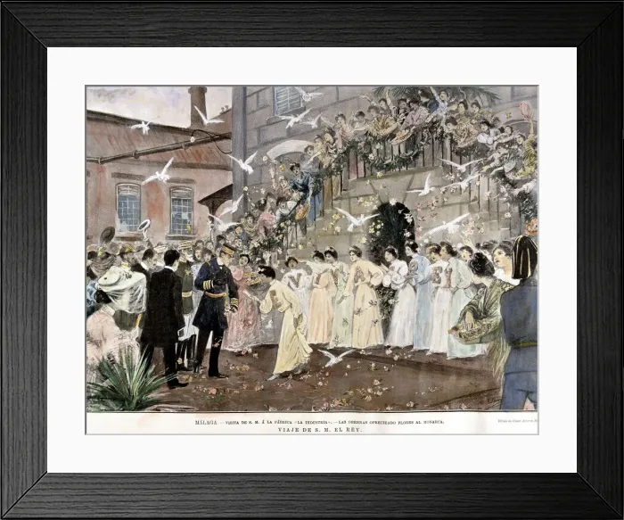 Framed Print : Alphonse XIII visiting a factory in Malaga in 1904, engraving in the Ilustracion Framed Print : Alphonse XIII visiting a factory in Malaga in 1904, engraving in the Ilustracion