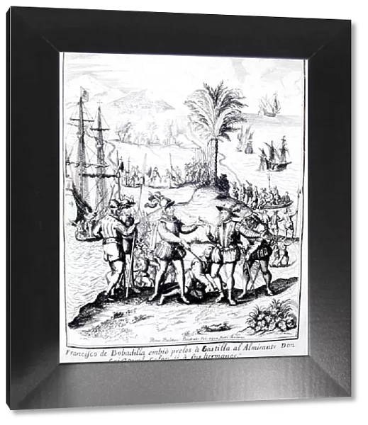 Francisco de Bobadilla arresting Christopher Columbus and his brothers, engraving