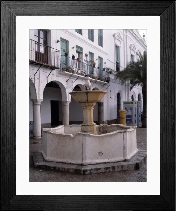 Framed Print : Source designed by the Painter Francisco de Zurbaran in front of the house where Framed Print : Source designed by the Painter Francisco de Zurbaran in front of the house where