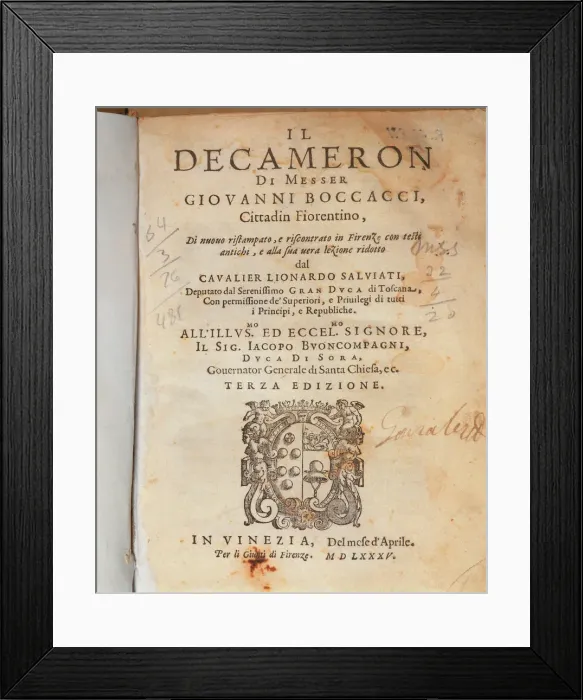 Framed Print : Cover of the Deccameron by Giovanni Boccaccio, published in Venice, 1635