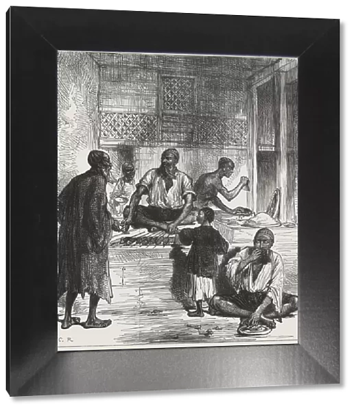 British-Afghan war, Afghan scenes, grocery shop in a Kabul market, engraving from 1878