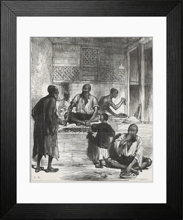 Framed Print : British-Afghan war, Afghan scenes, grocery shop in a Kabul market, engraving from 1878 Framed Print : British-Afghan war, Afghan scenes, grocery shop in a Kabul market, engraving from 1878